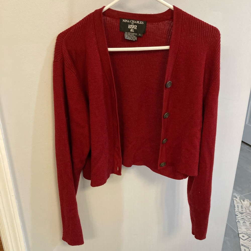 Vintage Nina Charles for Kasper cropped red ribbed button up cardigan large
